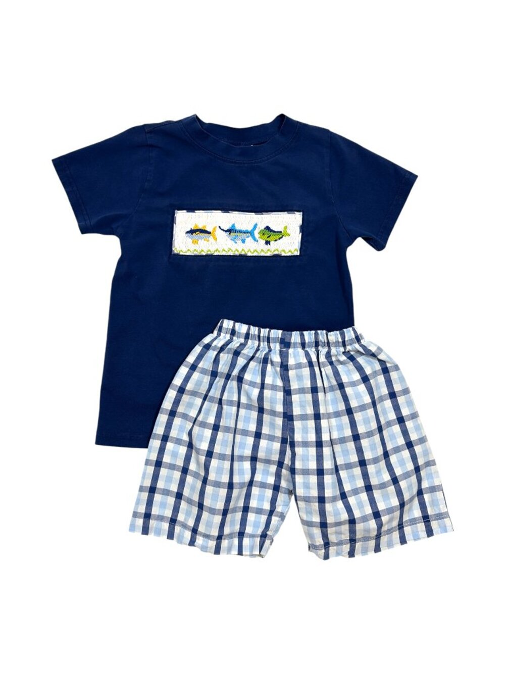 Smocked Polkadot size 4 Blue Fish Appliqué T-Shirt and Plaid Shorts Set